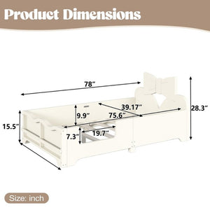 English Elm Twin Pine Wood Montessori Floor Bed with Bowknot Headboard and Footboard Bookshelf Beige W5305P506958