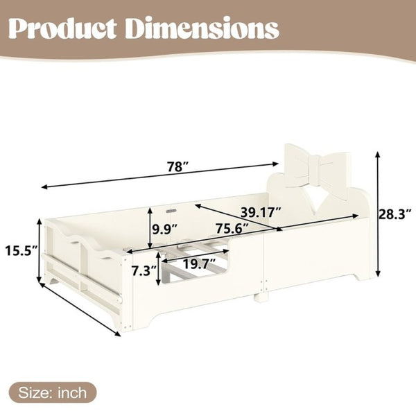 English Elm Twin Pine Wood Montessori Floor Bed with Bowknot Headboard and Footboard Bookshelf Beige W5305P506958
