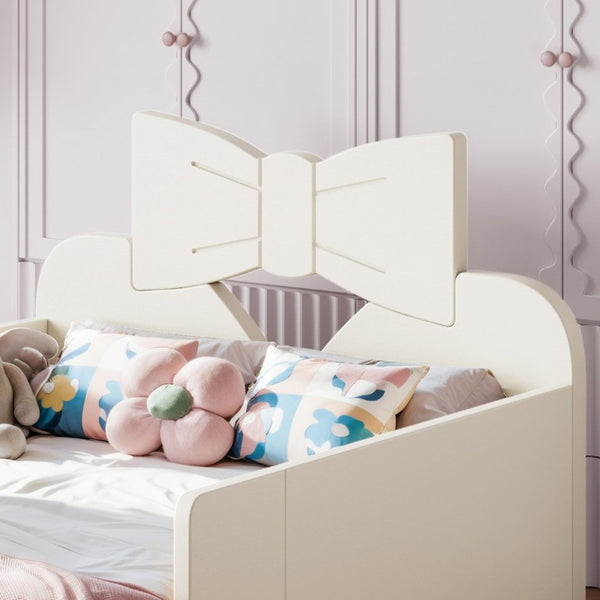 English Elm Twin Pine Wood Montessori Floor Bed with Bowknot Headboard and Footboard Bookshelf Beige W5305P506958