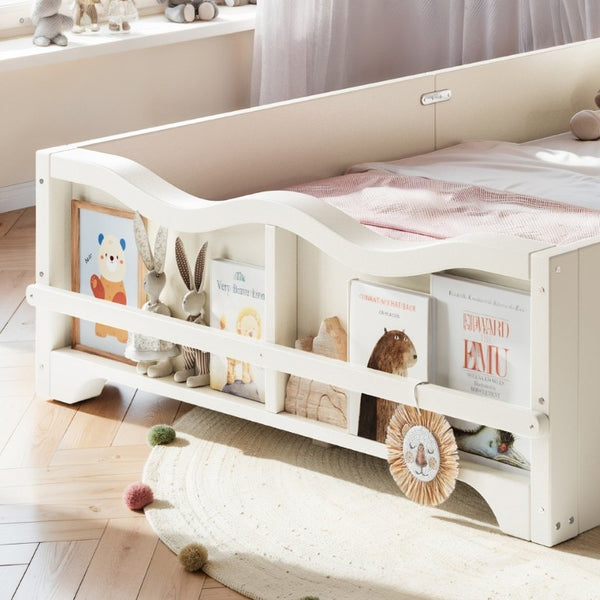 English Elm Twin Pine Wood Montessori Floor Bed with Bowknot Headboard and Footboard Bookshelf Beige W5305P506958