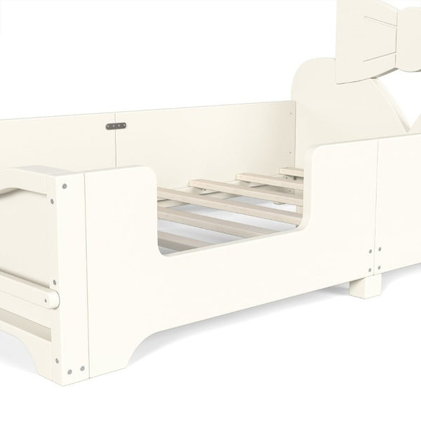 English Elm Twin Pine Wood Montessori Floor Bed with Bowknot Headboard and Footboard Bookshelf Beige W5305P506958