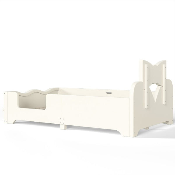 English Elm Twin Pine Wood Montessori Floor Bed with Bowknot Headboard and Footboard Bookshelf Beige W5305P506958