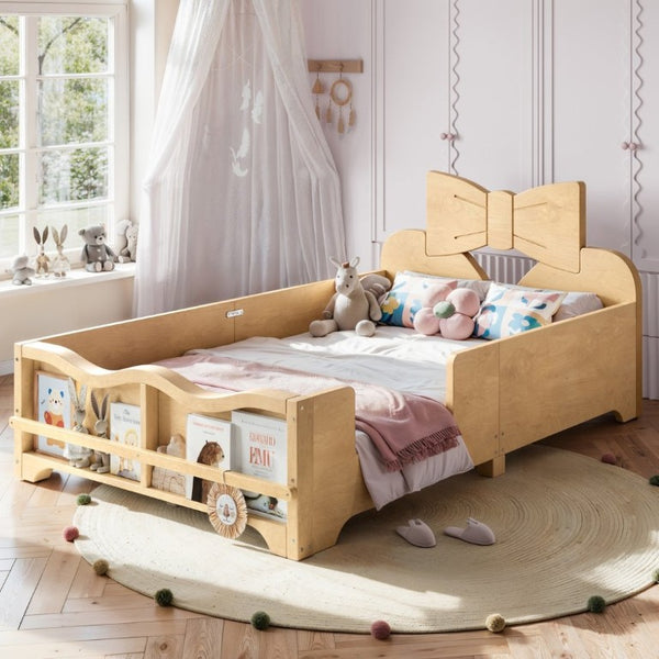 English Elm Twin Pine Wood Montessori Floor Bed with Bowknot Headboard and Footboard Bookshelf Natural W5305P506960