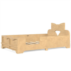 English Elm Twin Pine Wood Montessori Floor Bed with Bowknot Headboard and Footboard Bookshelf Natural W5305P506960