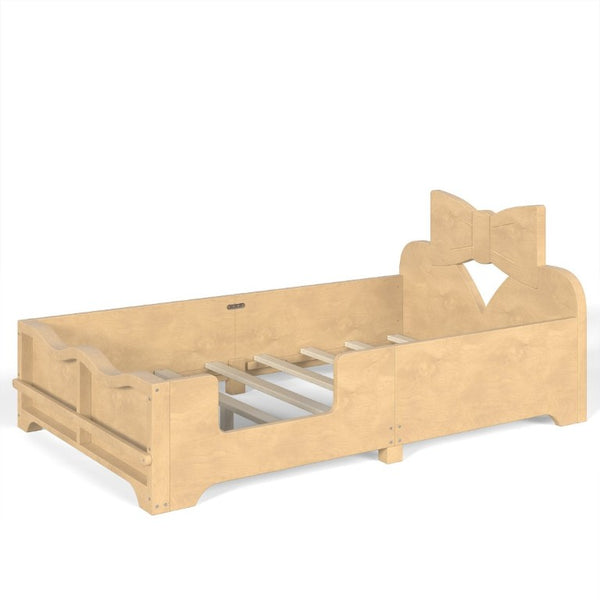 English Elm Twin Pine Wood Montessori Floor Bed with Bowknot Headboard and Footboard Bookshelf Natural W5305P506960