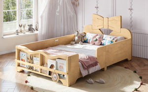 English Elm Twin Pine Wood Montessori Floor Bed with Bowknot Headboard and Footboard Bookshelf Natural W5305P506960