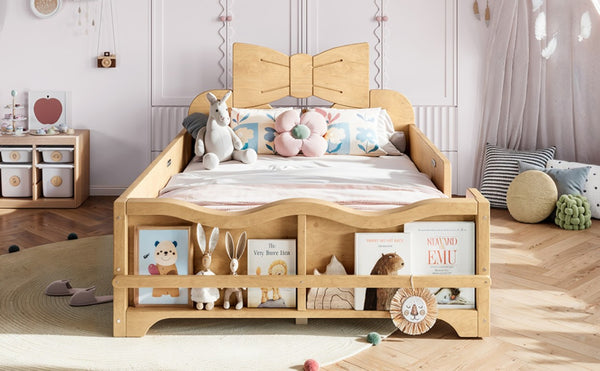 English Elm Twin Pine Wood Montessori Floor Bed with Bowknot Headboard and Footboard Bookshelf Natural W5305P506960