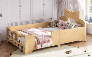 English Elm Twin Pine Wood Montessori Floor Bed with Bowknot Headboard and Footboard Bookshelf Natural W5305P506960