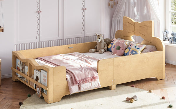 English Elm Twin Pine Wood Montessori Floor Bed with Bowknot Headboard and Footboard Bookshelf Natural W5305P506960