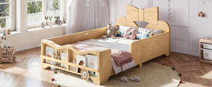 English Elm Twin Pine Wood Montessori Floor Bed with Bowknot Headboard and Footboard Bookshelf Natural W5305P506960
