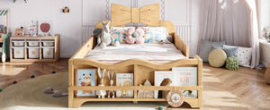 English Elm Twin Pine Wood Montessori Floor Bed with Bowknot Headboard and Footboard Bookshelf Natural W5305P506960