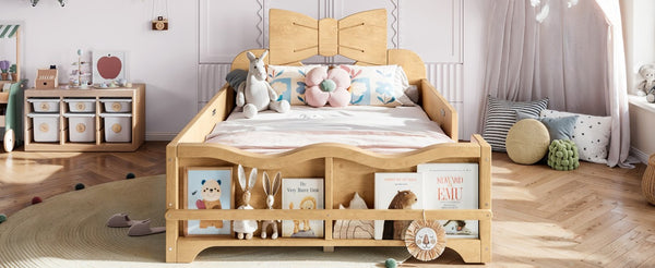 English Elm Twin Pine Wood Montessori Floor Bed with Bowknot Headboard and Footboard Bookshelf Natural W5305P506960