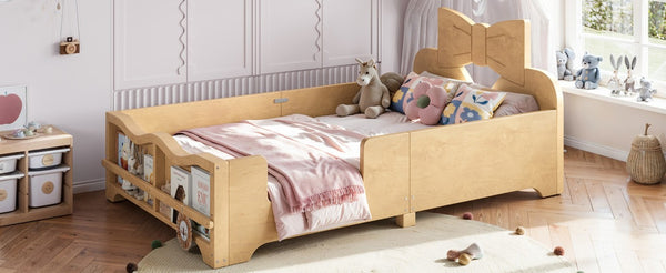 English Elm Twin Pine Wood Montessori Floor Bed with Bowknot Headboard and Footboard Bookshelf Natural W5305P506960