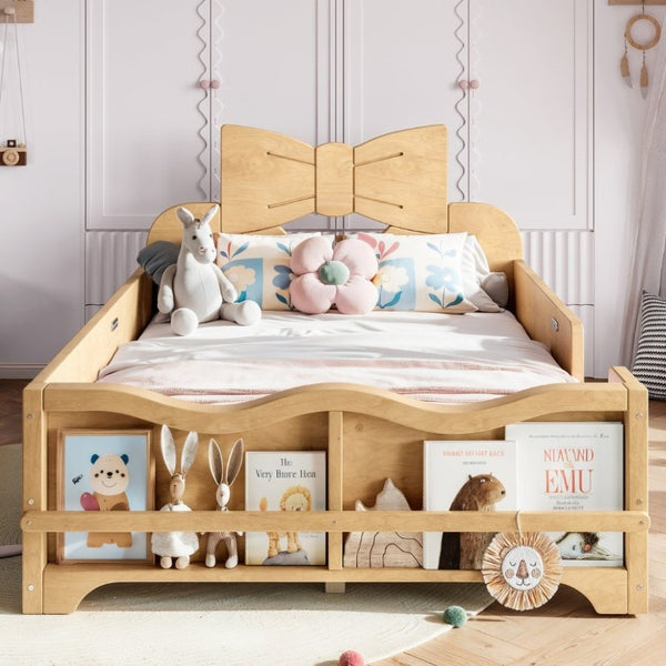 English Elm Twin Pine Wood Montessori Floor Bed with Bowknot Headboard and Footboard Bookshelf Natural W5305P506960