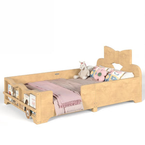 English Elm Twin Pine Wood Montessori Floor Bed with Bowknot Headboard and Footboard Bookshelf Natural W5305P506960