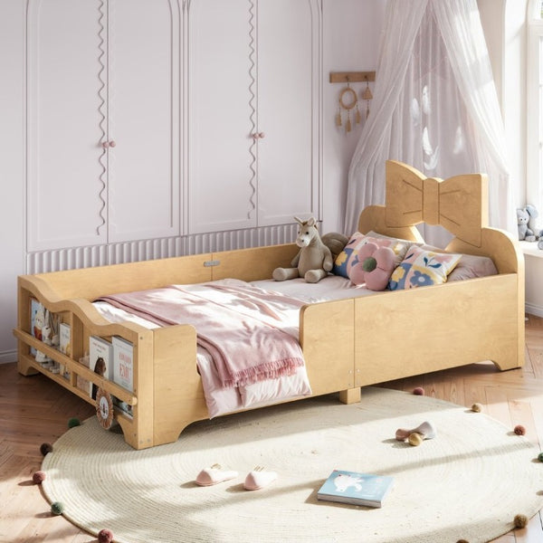 English Elm Twin Pine Wood Montessori Floor Bed with Bowknot Headboard and Footboard Bookshelf Natural W5305P506960