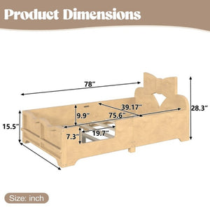 English Elm Twin Pine Wood Montessori Floor Bed with Bowknot Headboard and Footboard Bookshelf Natural W5305P506960