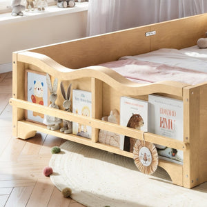 English Elm Twin Pine Wood Montessori Floor Bed with Bowknot Headboard and Footboard Bookshelf Natural W5305P506960