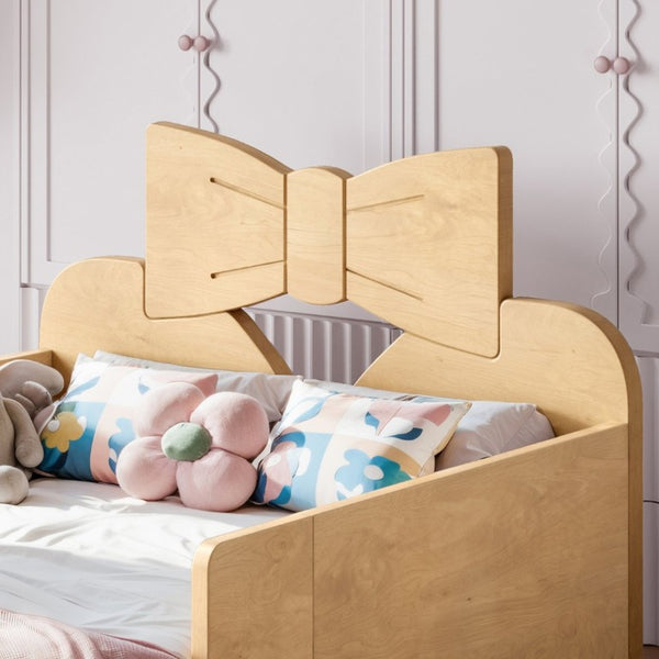 English Elm Twin Pine Wood Montessori Floor Bed with Bowknot Headboard and Footboard Bookshelf Natural W5305P506960