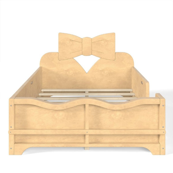 English Elm Twin Pine Wood Montessori Floor Bed with Bowknot Headboard and Footboard Bookshelf Natural W5305P506960