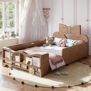 English Elm Twin Pine Wood Montessori Floor Bed with Bowknot Headboard and Footboard Bookshelf Deep Natural W5305P506962