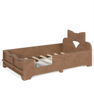 English Elm Twin Pine Wood Montessori Floor Bed with Bowknot Headboard and Footboard Bookshelf Deep Natural W5305P506962