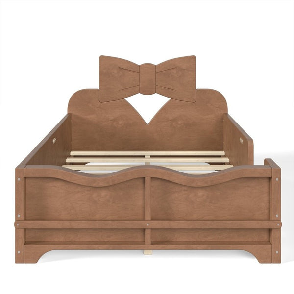 English Elm Twin Pine Wood Montessori Floor Bed with Bowknot Headboard and Footboard Bookshelf Deep Natural W5305P506962
