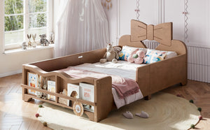 English Elm Twin Pine Wood Montessori Floor Bed with Bowknot Headboard and Footboard Bookshelf Deep Natural W5305P506962