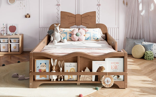 English Elm Twin Pine Wood Montessori Floor Bed with Bowknot Headboard and Footboard Bookshelf Deep Natural W5305P506962
