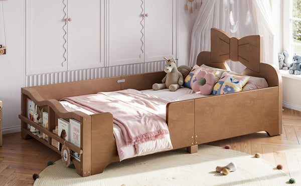English Elm Twin Pine Wood Montessori Floor Bed with Bowknot Headboard and Footboard Bookshelf Deep Natural W5305P506962