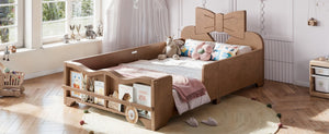 English Elm Twin Pine Wood Montessori Floor Bed with Bowknot Headboard and Footboard Bookshelf Deep Natural W5305P506962