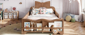 English Elm Twin Pine Wood Montessori Floor Bed with Bowknot Headboard and Footboard Bookshelf Deep Natural W5305P506962