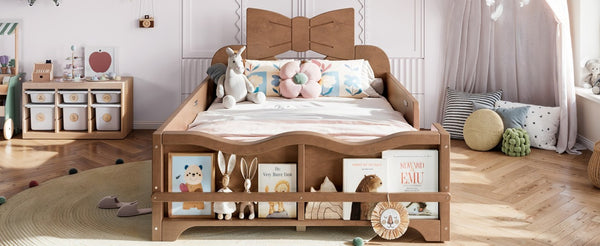 English Elm Twin Pine Wood Montessori Floor Bed with Bowknot Headboard and Footboard Bookshelf Deep Natural W5305P506962