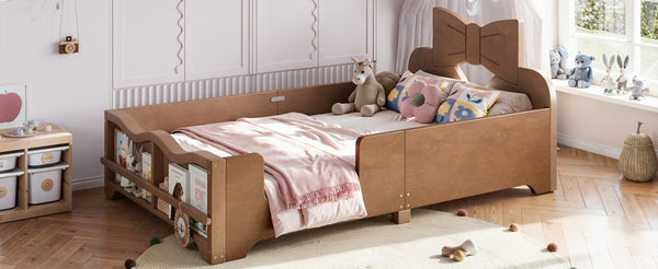 English Elm Twin Pine Wood Montessori Floor Bed with Bowknot Headboard and Footboard Bookshelf Deep Natural W5305P506962