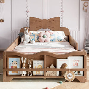 English Elm Twin Pine Wood Montessori Floor Bed with Bowknot Headboard and Footboard Bookshelf Deep Natural W5305P506962