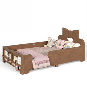 English Elm Twin Pine Wood Montessori Floor Bed with Bowknot Headboard and Footboard Bookshelf Deep Natural W5305P506962