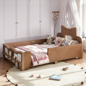 English Elm Twin Pine Wood Montessori Floor Bed with Bowknot Headboard and Footboard Bookshelf Deep Natural W5305P506962