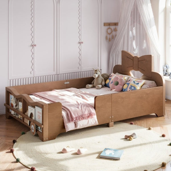 English Elm Twin Pine Wood Montessori Floor Bed with Bowknot Headboard and Footboard Bookshelf Deep Natural W5305P506962