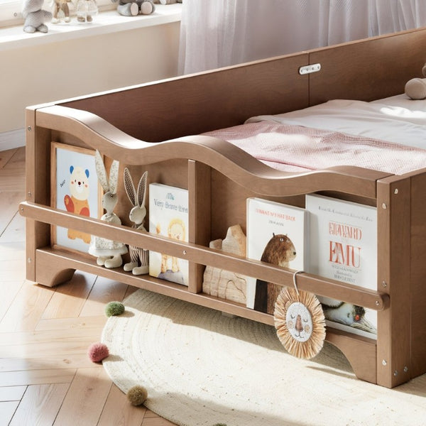 English Elm Twin Pine Wood Montessori Floor Bed with Bowknot Headboard and Footboard Bookshelf Deep Natural W5305P506962