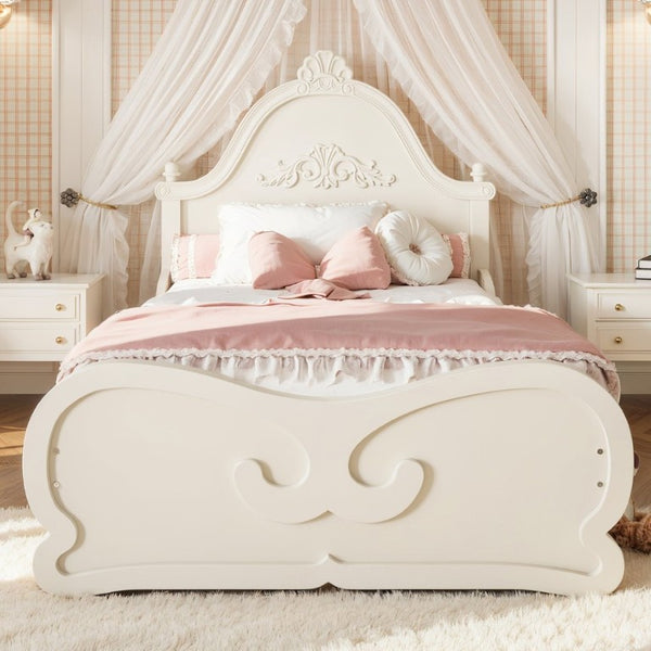 English Elm Twin Vintage Carved Pine Platform Bed Low Profile Frame for Kids and Teens Beige W5305P515344