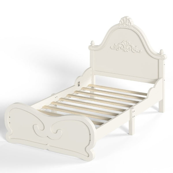 English Elm Twin Vintage Carved Pine Platform Bed Low Profile Frame for Kids and Teens Beige W5305P515344