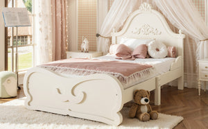 English Elm Twin Vintage Carved Pine Platform Bed Low Profile Frame for Kids and Teens Beige W5305P515344
