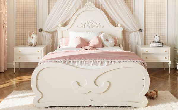 English Elm Twin Vintage Carved Pine Platform Bed Low Profile Frame for Kids and Teens Beige W5305P515344