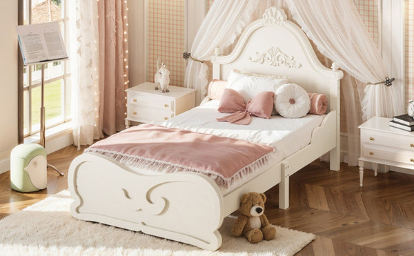English Elm Twin Vintage Carved Pine Platform Bed Low Profile Frame for Kids and Teens Beige W5305P515344