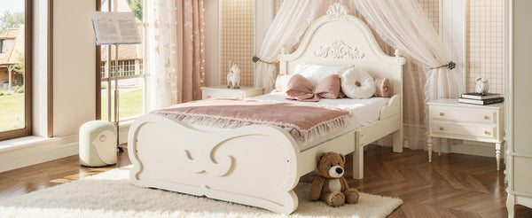 English Elm Twin Vintage Carved Pine Platform Bed Low Profile Frame for Kids and Teens Beige W5305P515344