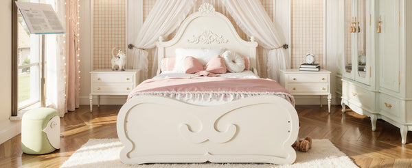 English Elm Twin Vintage Carved Pine Platform Bed Low Profile Frame for Kids and Teens Beige W5305P515344