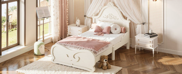 English Elm Twin Vintage Carved Pine Platform Bed Low Profile Frame for Kids and Teens Beige W5305P515344