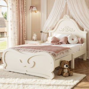 English Elm Twin Vintage Carved Pine Platform Bed Low Profile Frame for Kids and Teens Beige W5305P515344