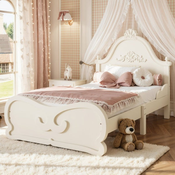 English Elm Twin Vintage Carved Pine Platform Bed Low Profile Frame for Kids and Teens Beige W5305P515344
