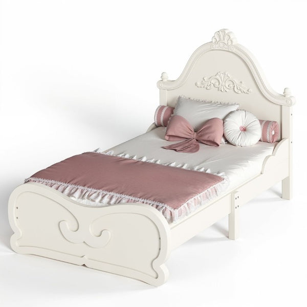 English Elm Twin Vintage Carved Pine Platform Bed Low Profile Frame for Kids and Teens Beige W5305P515344